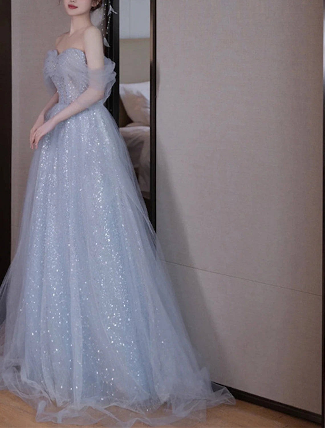 Vestidos de fiesta de corte A, elegantes, para invitados de boda, graduación, largo hasta el suelo, sin mangas, hombros descubiertos, con lentejuelas